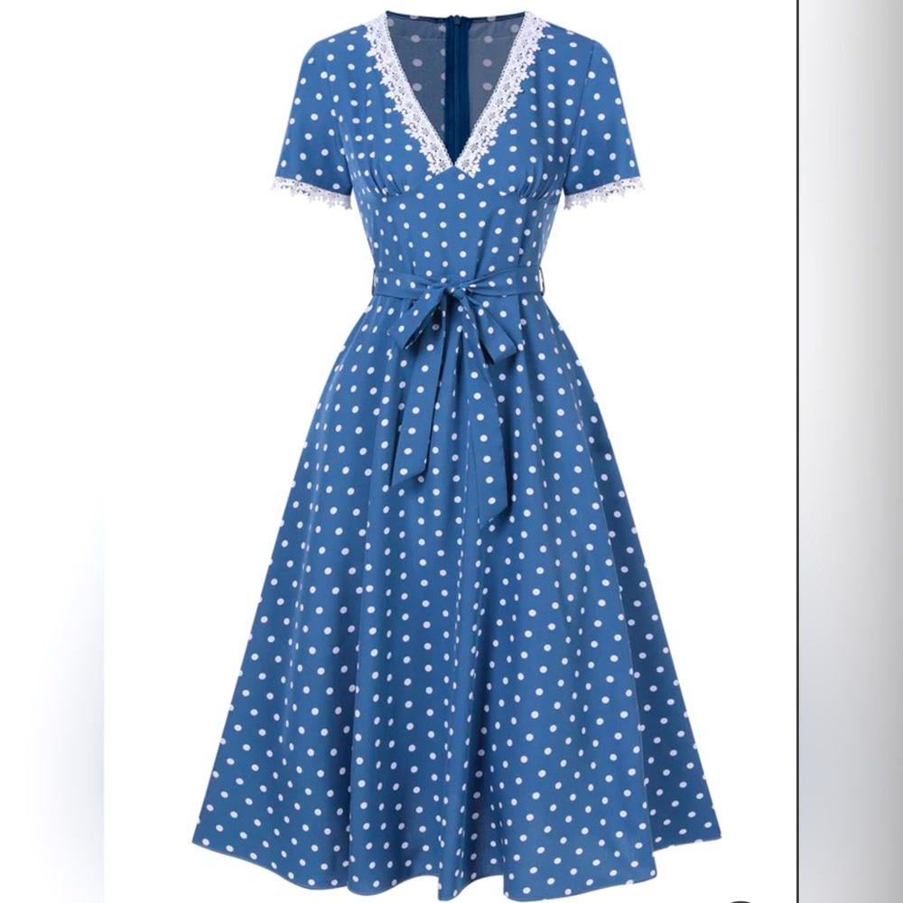 Blue v-neck polka dot belted dress